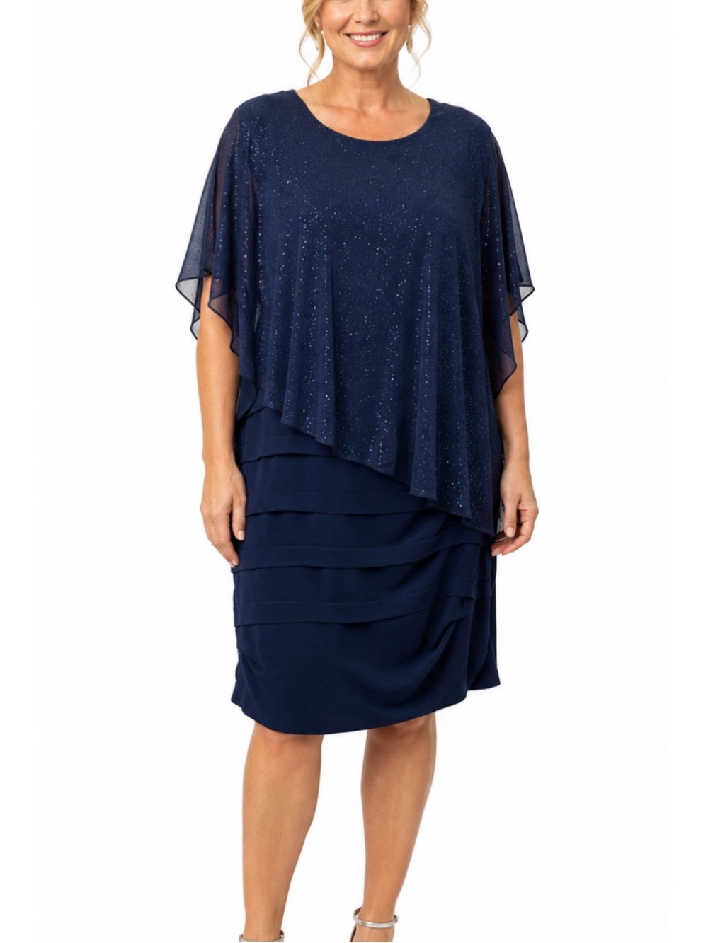 EnFocus Studio navy blue tiered dresses featuring a sheer, glittery overlay